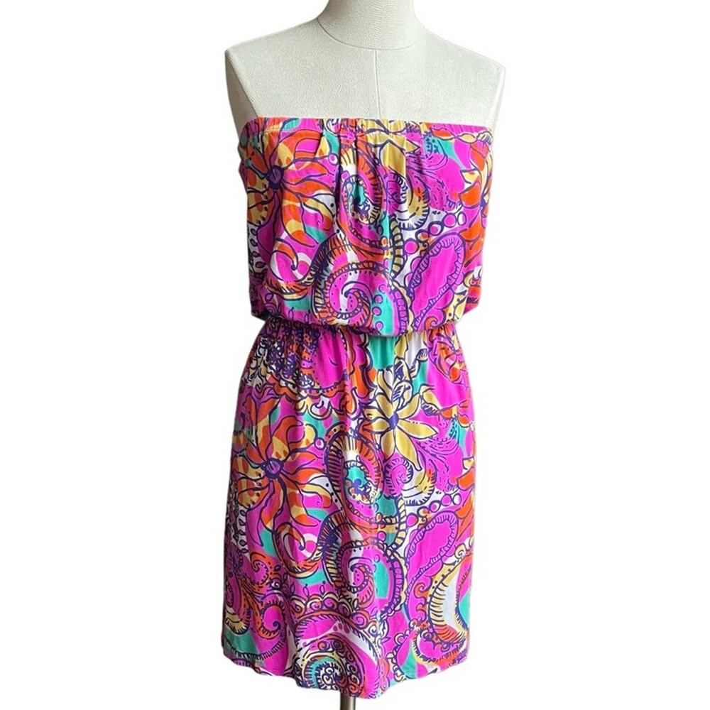 Lilly Pulitzer Women's Short Dress XS Pink Sea & Be Seen Abstract Strapless Mini